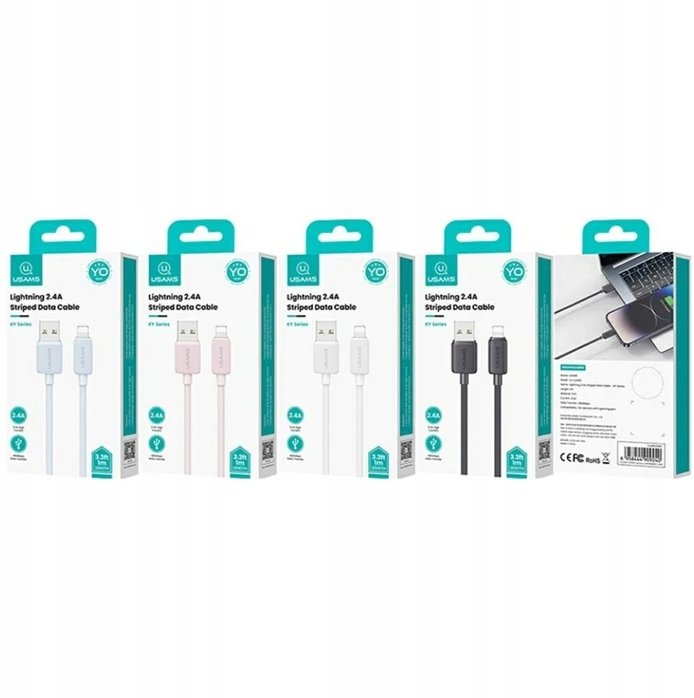Kabelis USAMS KY Series US-SJ694 2.4A Lightning į USB-A 2m baltas
