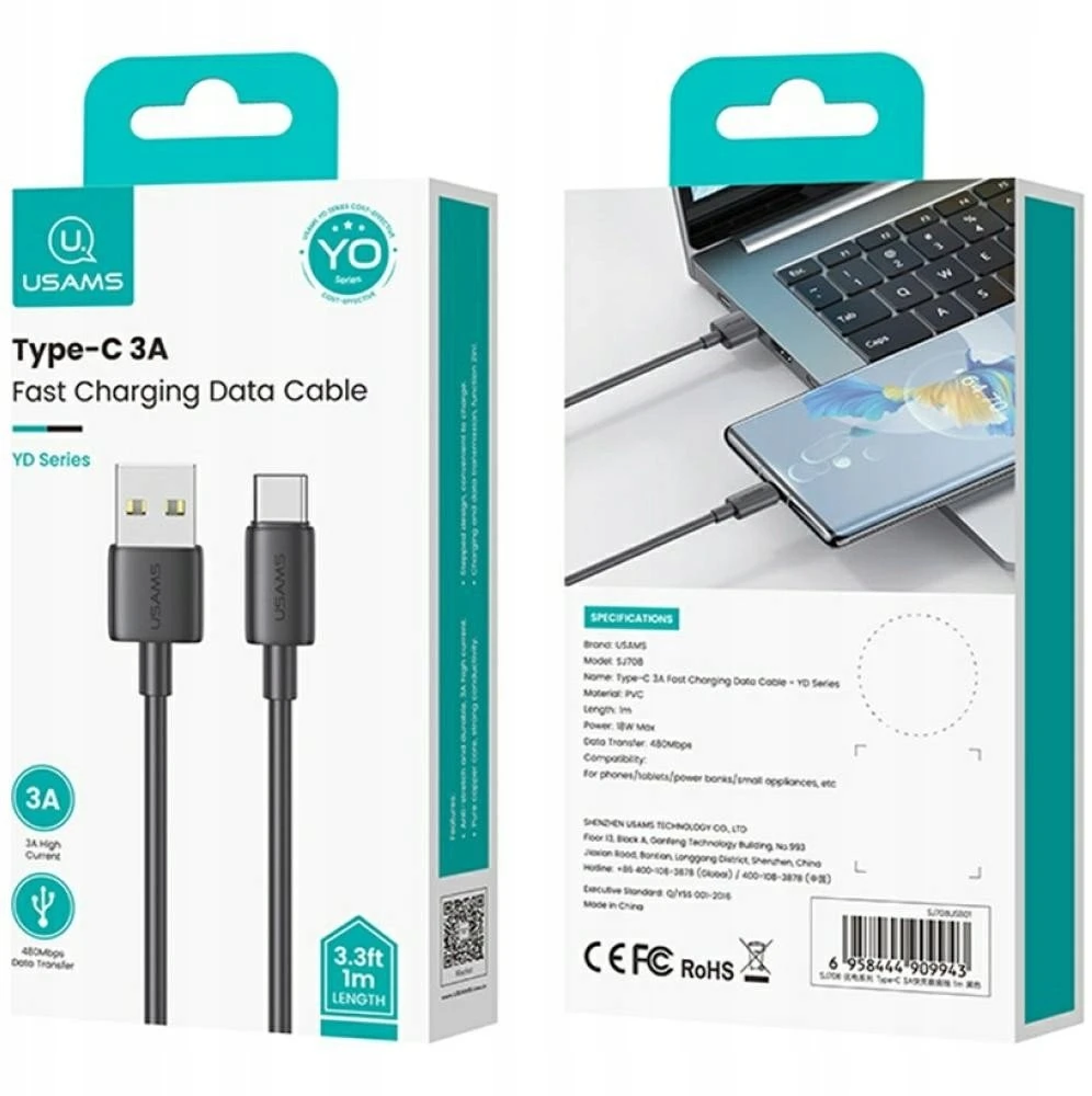 Kabelis USAMS YD Series SJ708 18W 3A USB-A į USB-C 1m baltos spalvos