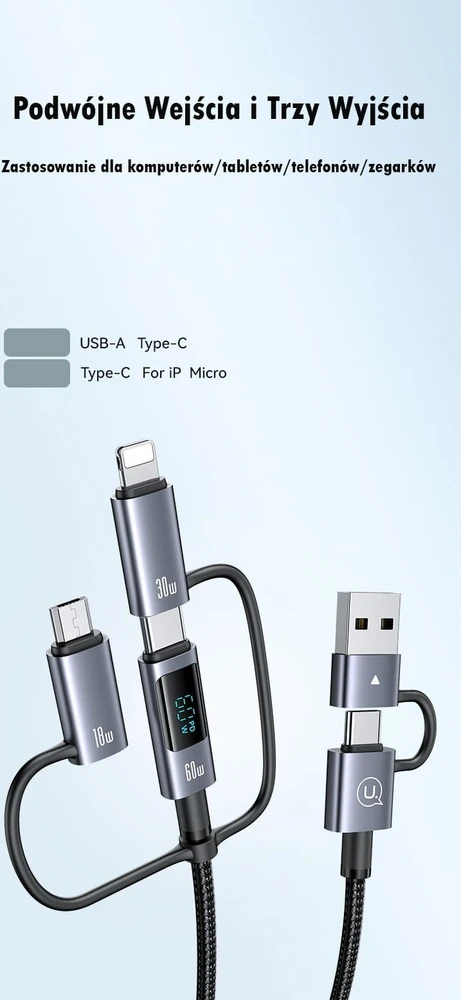 USAMS Kabelis 6in1 Fast charging 60W 1.2m Data Kabelis Digital dispay Aluminum Alloy Sufeng SJ71 Series