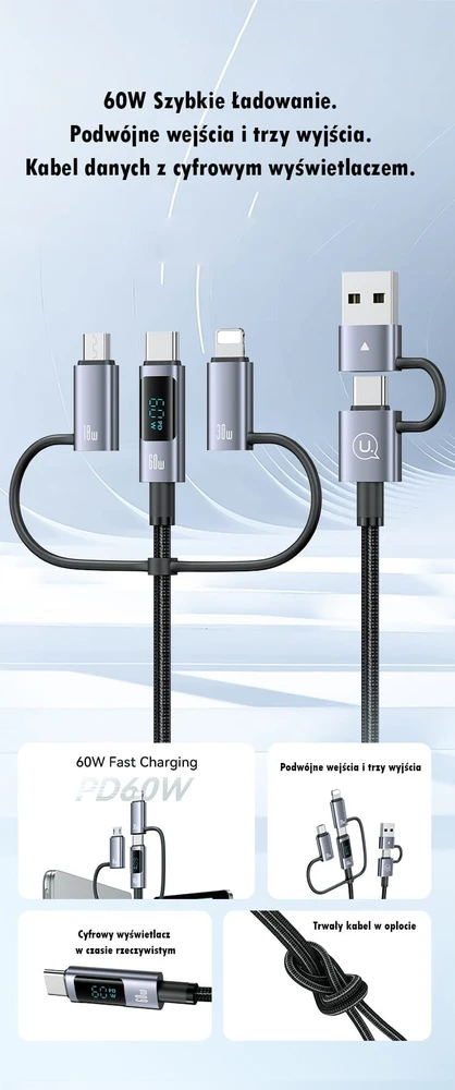 USAMS Kabelis 6in1 Fast charging 60W 1.2m Data Kabelis Digital dispay Aluminum Alloy Sufeng SJ71 Series