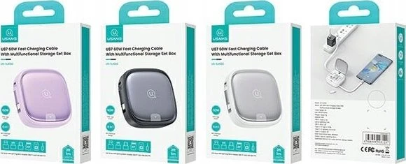 USAMS 3in1 ištraukiamas laidas su dėžute, MicroUSB/USB-C/Lightning, 60W, plienas/tamsus, SJ650USB01