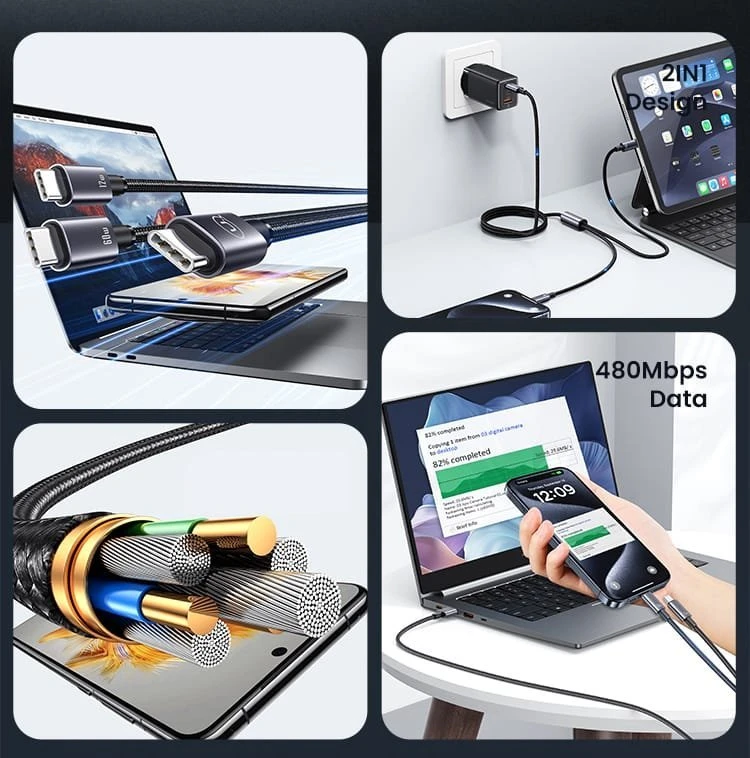 USAMS Kabelis 2in1 2xUSB-C 72W 1.2m Aluminum Alloy Data Kabelis Sufeng Series SJ740USB101 (US-SJ7