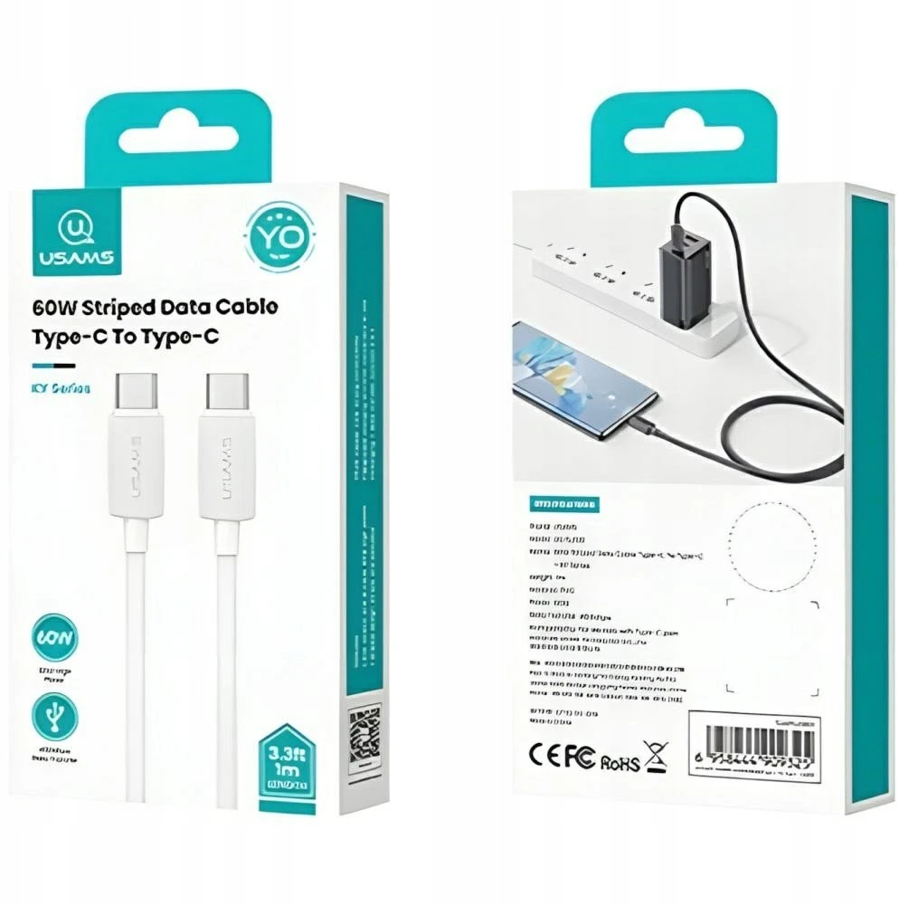 Kabelis USAMS KY Series US-SJ696 60W USB-C to USB-C 2m baltos spalvos