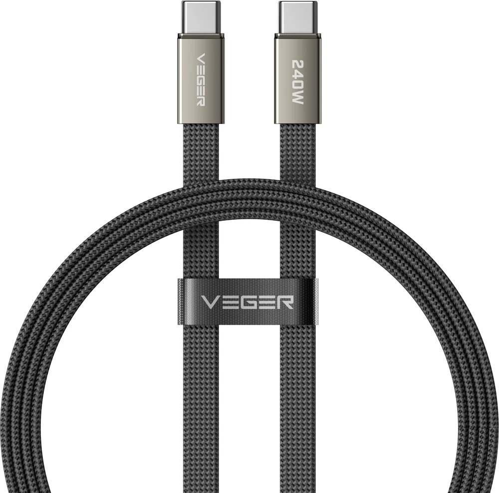 Plokščias kabelis C tipo į C tipo VEGER PD 5A 240W CC2-MTB 1,5 m juodas