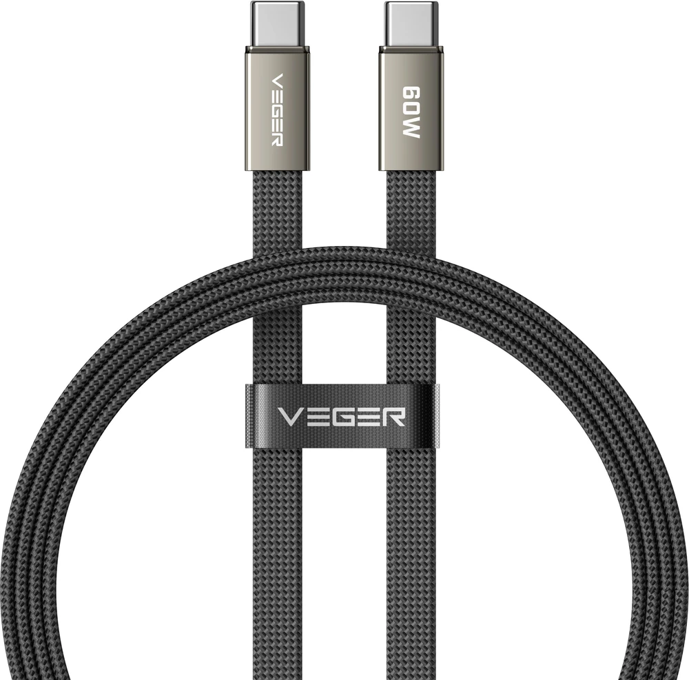 Plokščias kabelis C tipo į C tipo VEGER PD 3A 60W CC06-MTB 1,2 m juodas