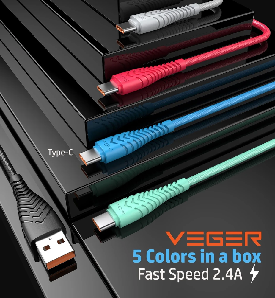 USB A tipo į USB C tipo kabelis VEGER 2,4A V104 1,2 m juodas