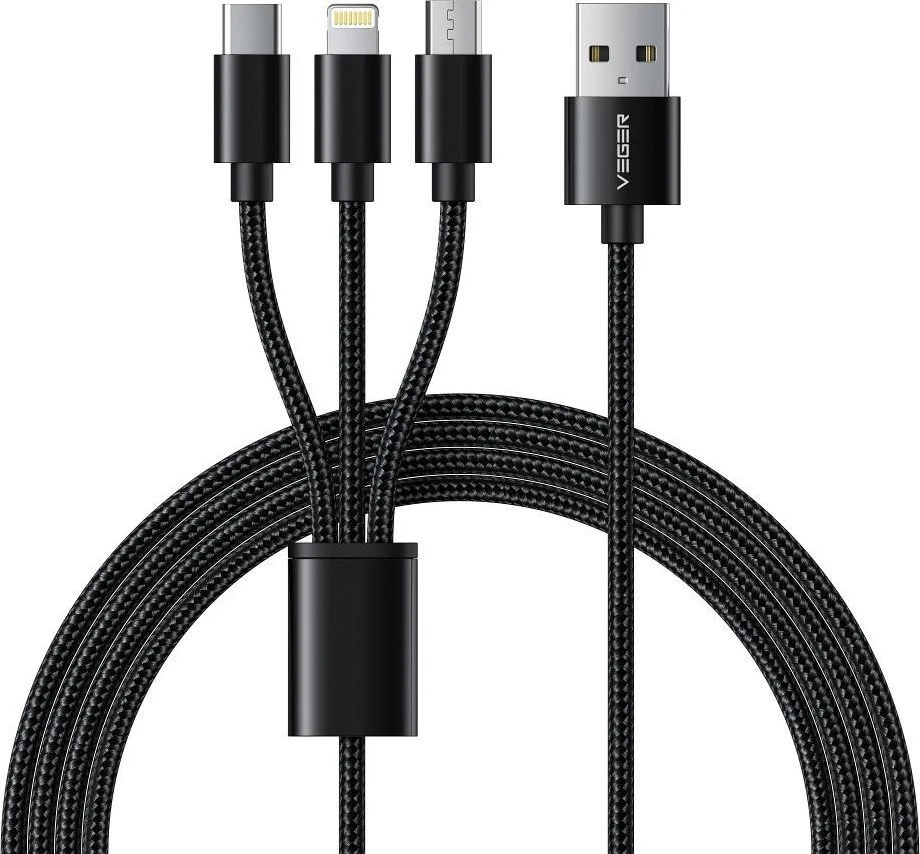 Laidas 3in1 USB A į Lightning / C tipo / Micro USB VEGER 2,4A 18W V303 1,2 m juodas