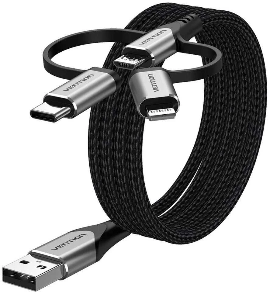 „Vention“ USB 2.0 A tipo kištukas į 3 viename „Micro-B“, USB-C ir „Lightning“ tipo kištuką, 1 m, pilkas, aliuminio lydinio tipas