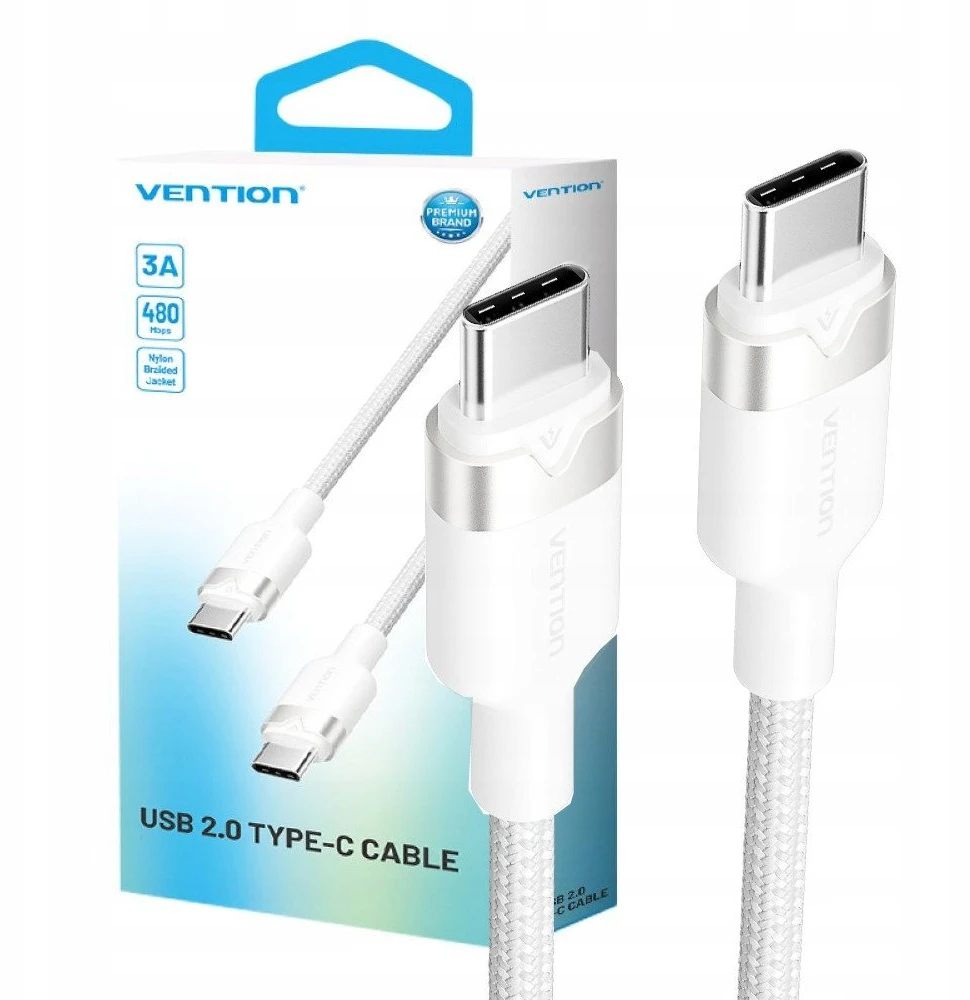 „Vention“ USB-C–C laidas, pintas, 3A, 480 Mbps, 60 W, 1 m, baltos spalvos