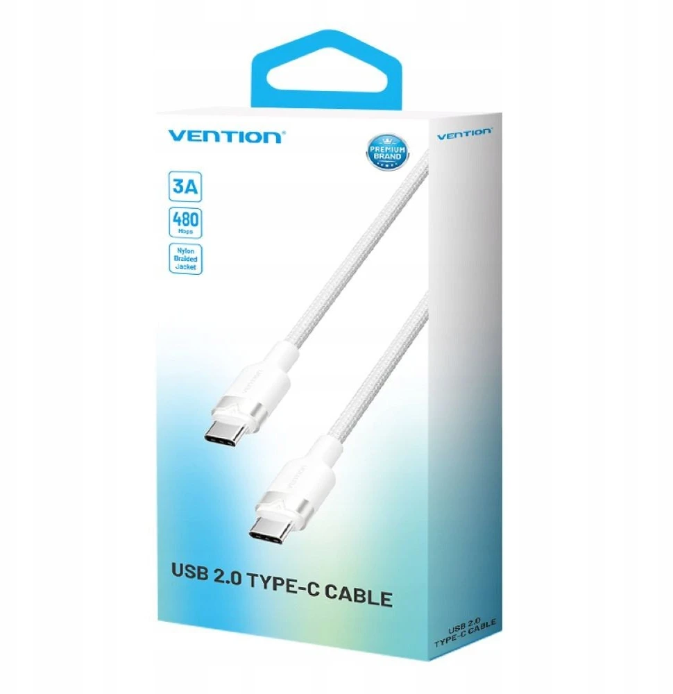 „Vention“ USB-C–C laidas, pintas, 3A, 480 Mbps, 60 W, 1 m, baltos spalvos