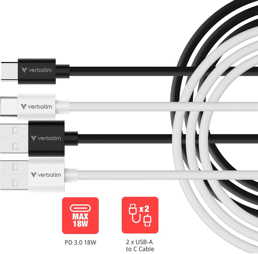 Verbatim Sync & Charge USB-C į A essentials 18W laidas, juodos spalvos / baltos spalvos, 2 vnt. 32393