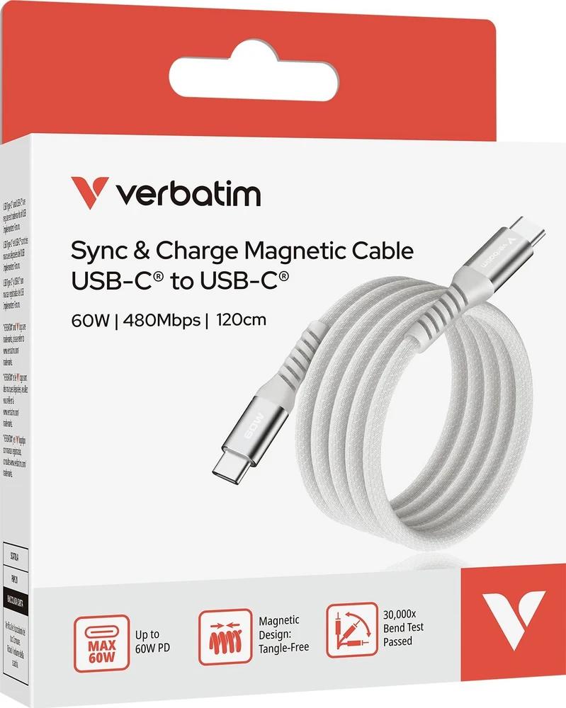 „Verbatim“ magnetinis sinchronizavimo ir įkrovimo laidas USB-C į USB-C, 60 W, 120 cm, pilkas