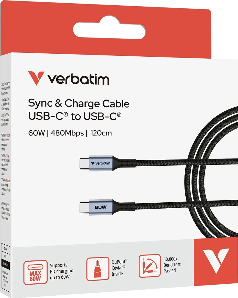 „Verbatim“ sinchronizavimo ir įkrovimo laidas USB-C į USB-C, 60 W, 120 cm, Juodas