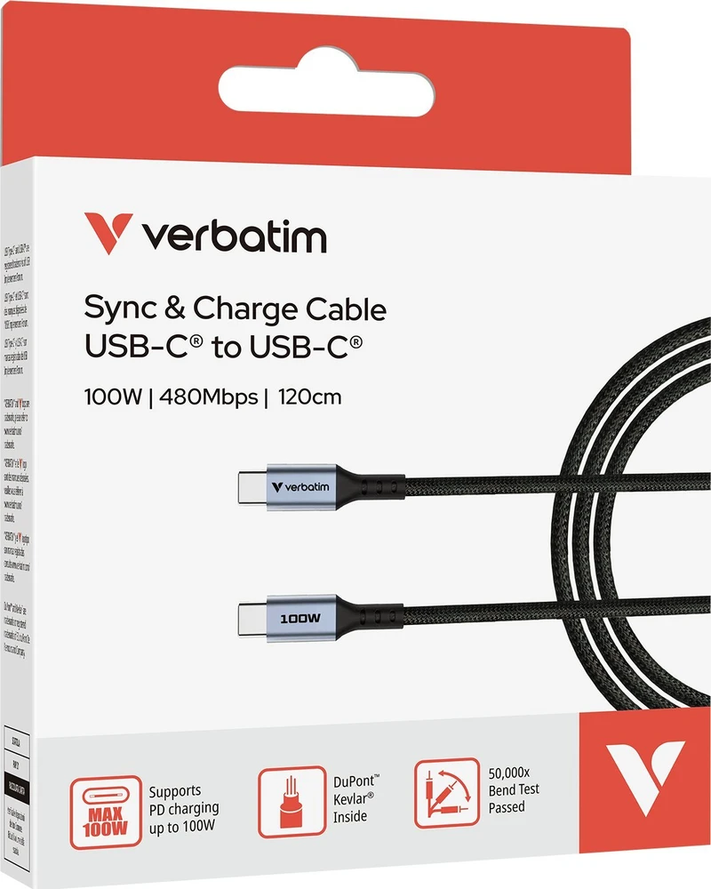 „Verbatim“ sinchronizavimo ir įkrovimo laidas USB-C į USB-C, 100 W, 120 cm, Juodas