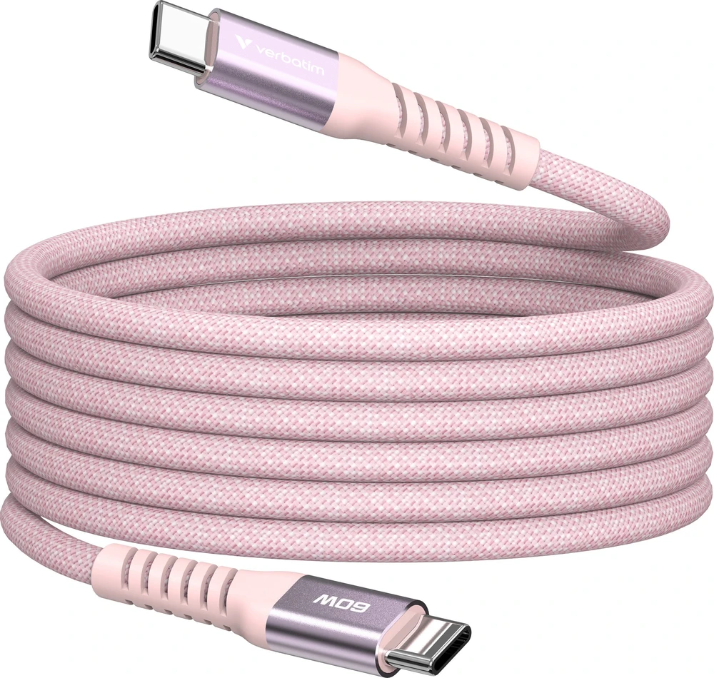 „Verbatim“ magnetinis sinchronizavimo ir įkrovimo laidas USB-C į USB-C, 60 W, 120 cm, Rožinė