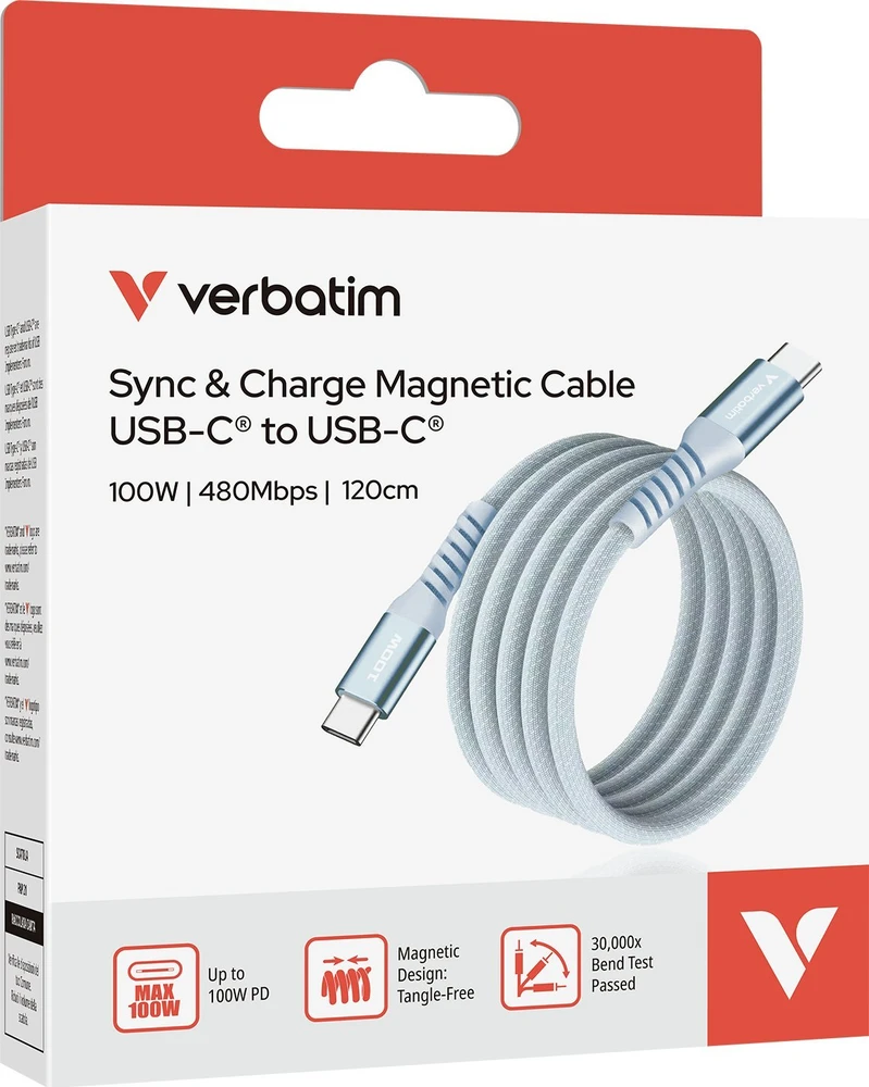 „Verbatim“ magnetinis sinchronizavimo ir įkrovimo laidas USB-C į USB-C, 100 W, 120 cm, Mėlyna