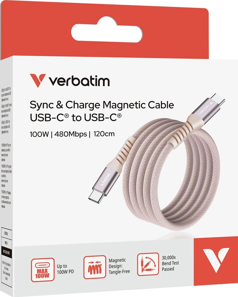 „Verbatim“ magnetinis sinchronizavimo ir įkrovimo laidas USB-C į USB-C, 100 W, 120 cm, Rožinė