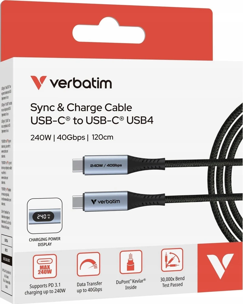 Kabelis Verbatim Sync & Charge USB-C į USB-C 40Gb/s 240W display 120cm juodos spalvos 31849