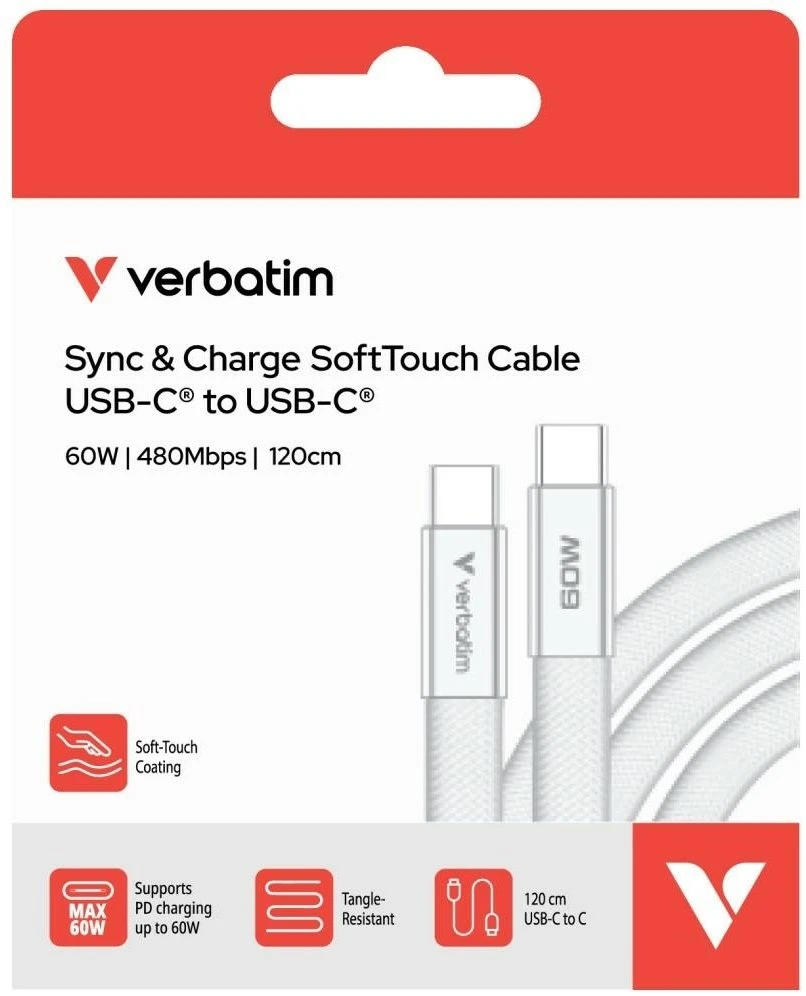 Kabelis Verbatim Sync & Charge SoftTouch USB-C į USB-C 60W PD3.0 120cm baltos spalvos 30274