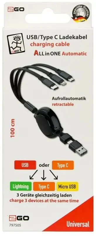 Kabelis USB Vision 2GO Ladekabel 5in1 ALLinOne USB-A/USB-C Aufrollautomatik 1m