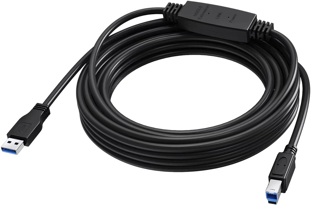 Kabelis USB Vision 5 m USB 3.0 Kabelis - aktywny wzmacniacz w środku kabla - niklowane złącza - przepustowość 5 Gbps - USB A (m) do USB B (m) - średnica 5,5 mm - 28+24 awg - juoda (TC 5MUSB3.0+/BL)