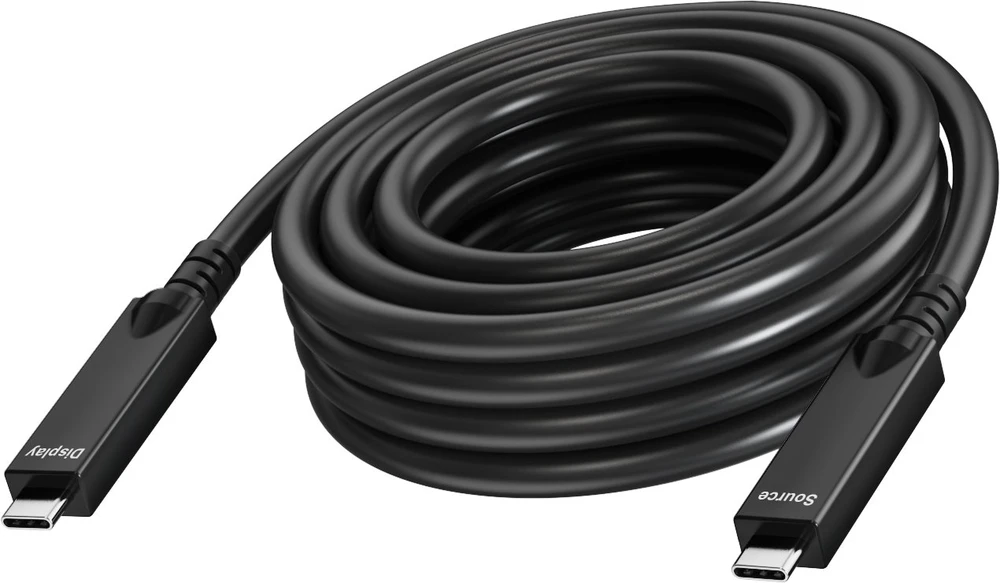 Kabelis USB Vision 15 m USB C aktywny optyczny DP 1.4 16,2 Gb/s USB 2.0 480 Mb/s DP 2.1 40 Gb/s USB 3.2 10 Gb/s PD 60 W wzmocniony Kevlarem (TC 15MUSBC/BL)