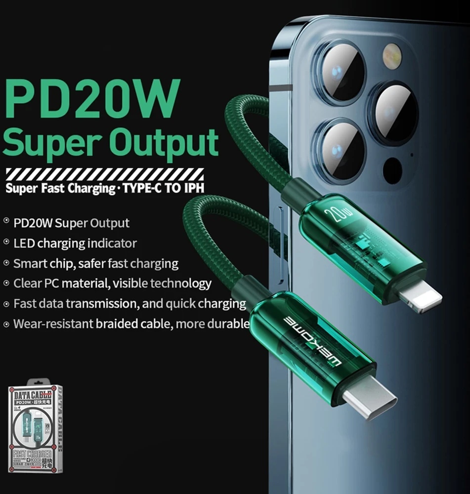 WEKOME WDC-181 Vanguard Series - USB-C to Lightning Super Fast Charging PD 20W connection cable 1m žalios spalvos