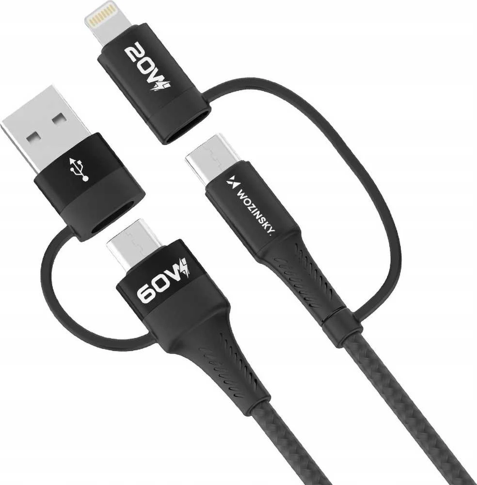 Wozinsky WNBAA 4in1 kabelis 2x USB-C 1x USB-A 1x Lightning 60W 1 m – juodos spalvos