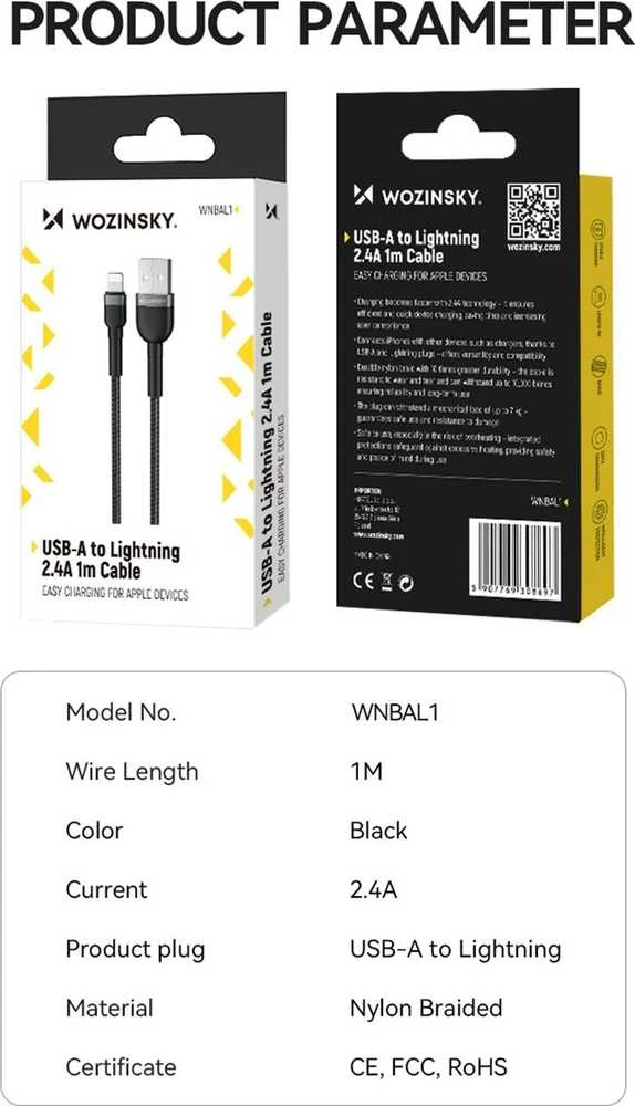 Wozinsky WNBAL1 USB-A / Lightning 2.4A kabelis 1 m – juodos spalvos
