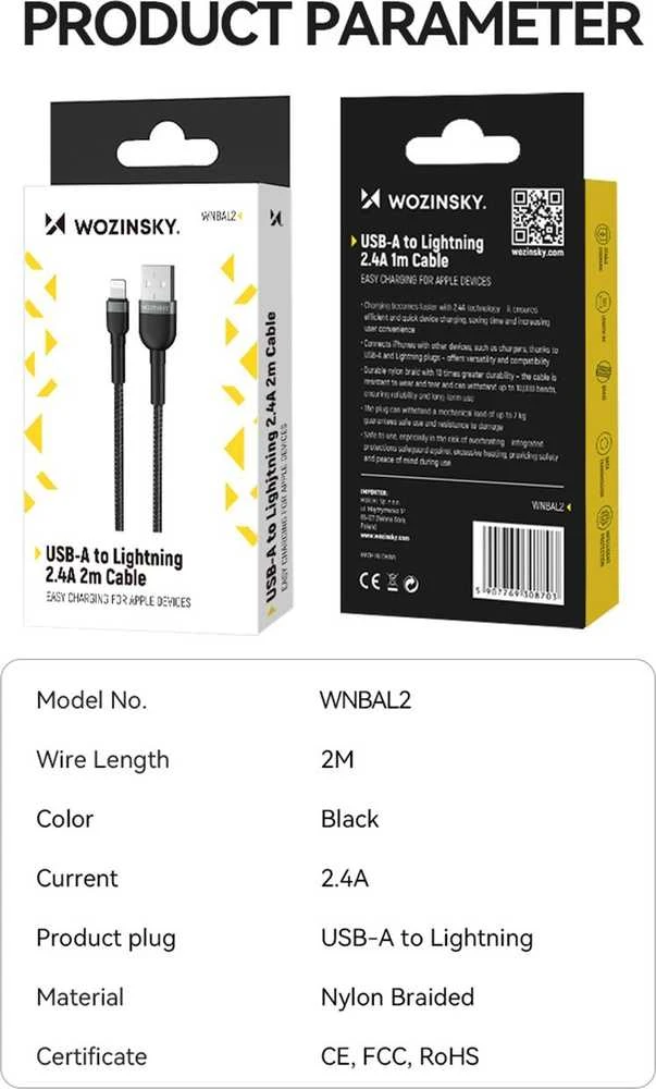 Wozinsky WNBAL2 USB-A / Lightning 2.4A kabelis 2 m – juodos spalvos