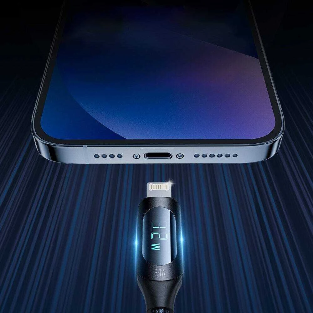 USB-A kabelis – Lightning Wozinsky WUALC2 su LED ekranu 2.4A 2m – juodos spalvos