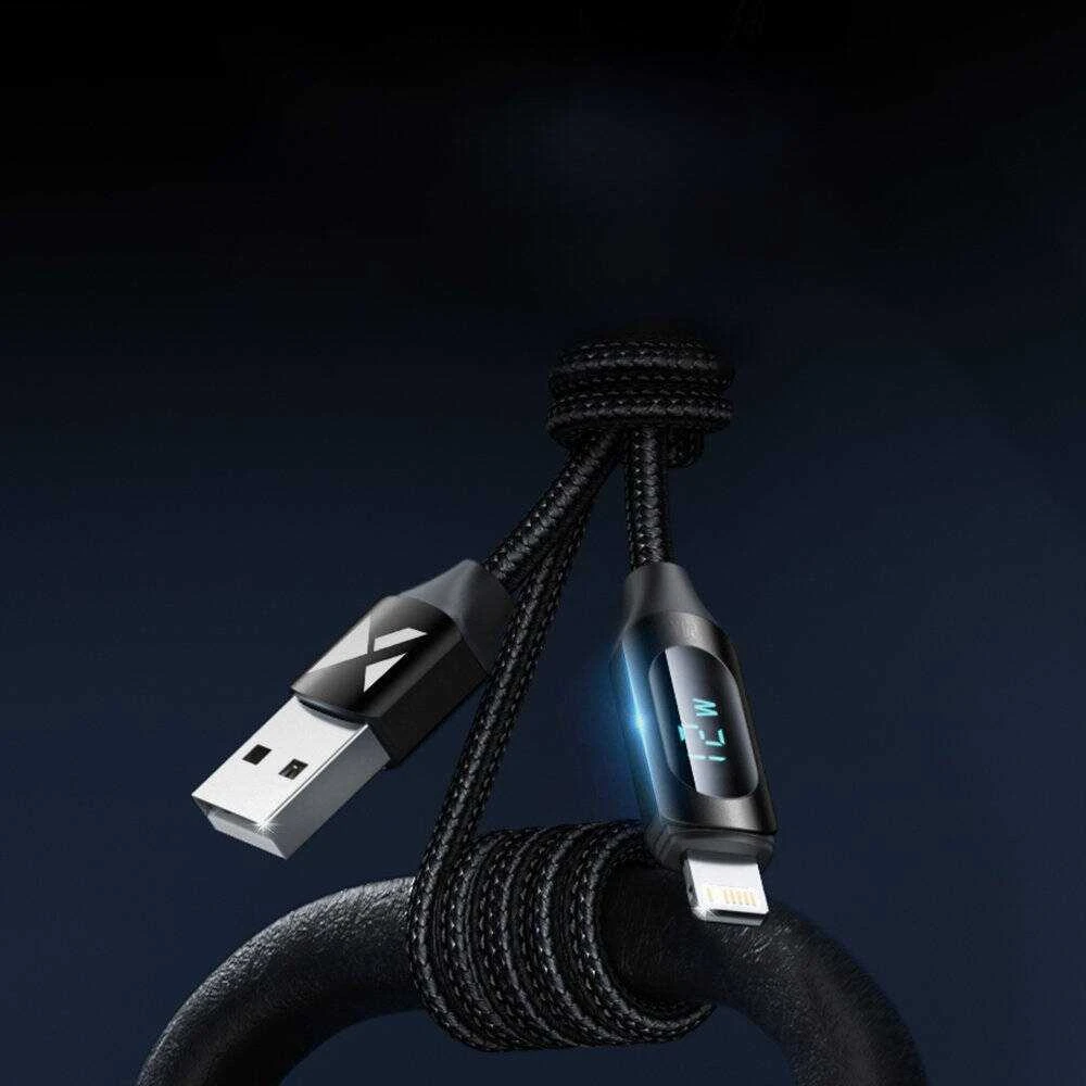 USB-A kabelis – Lightning Wozinsky WUALC2 su LED ekranu 2.4A 2m – juodos spalvos