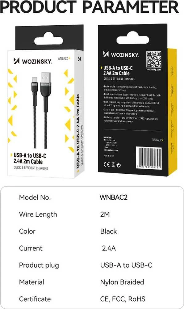 Wozinsky WNBAC1 USB-A / USB-C 2.4A kabelis 1 m – juodos spalvos