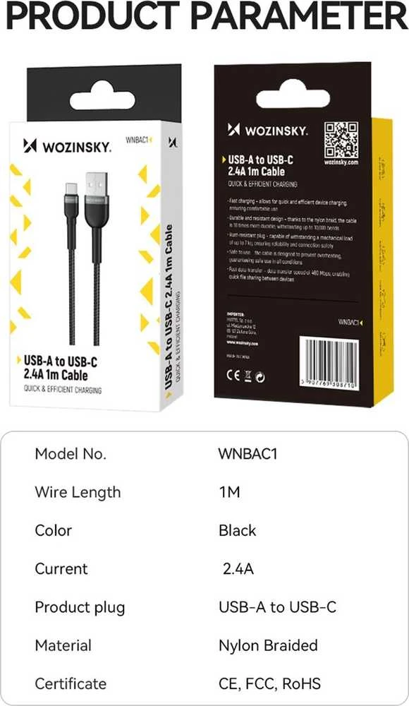 Wozinsky WNBAC2 USB-A / USB-C 2.4A kabelis 2 m – juodos spalvos