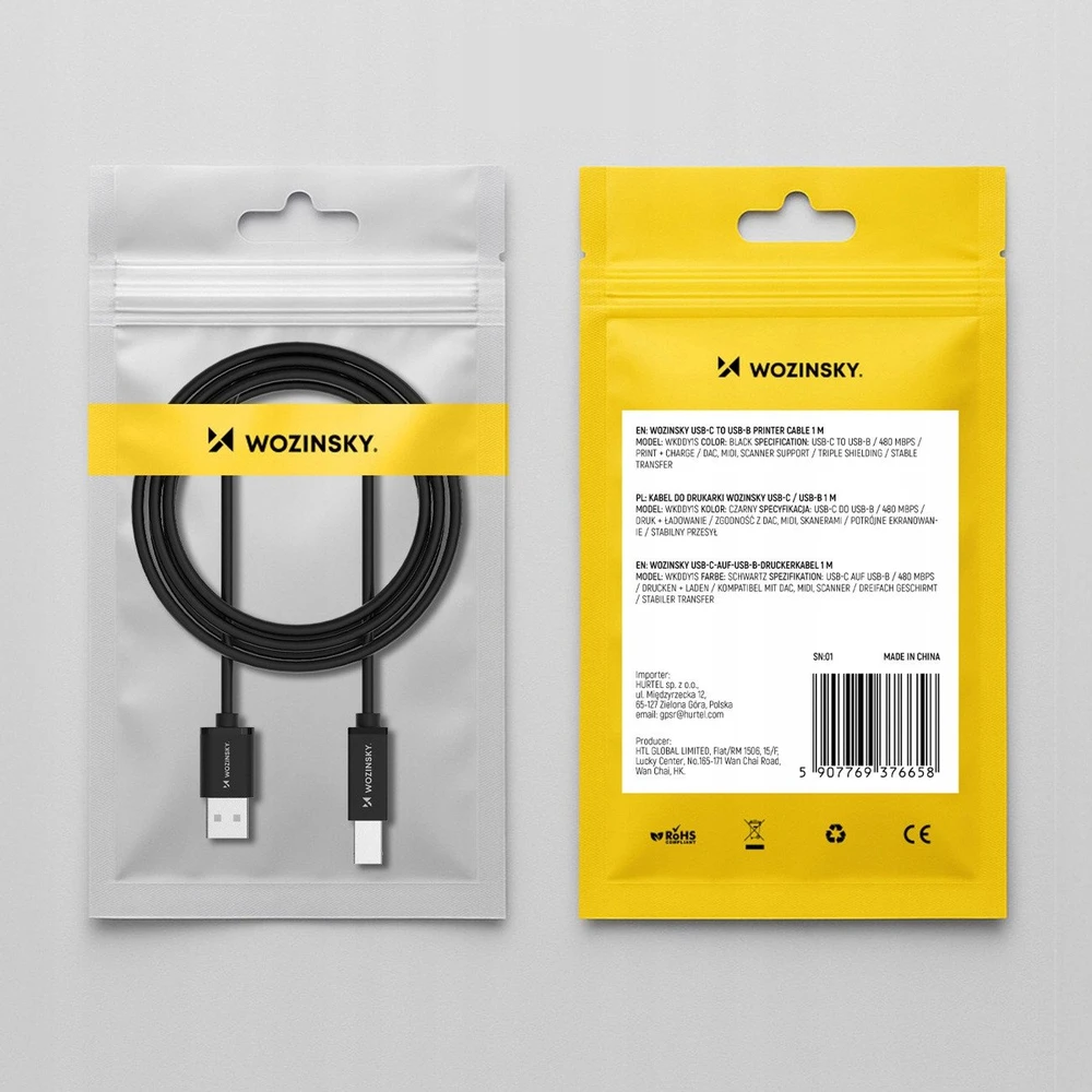 Wozinsky WKDDY4S USB-B - USB-A 480Mb/s kabelis 1 m - juodas