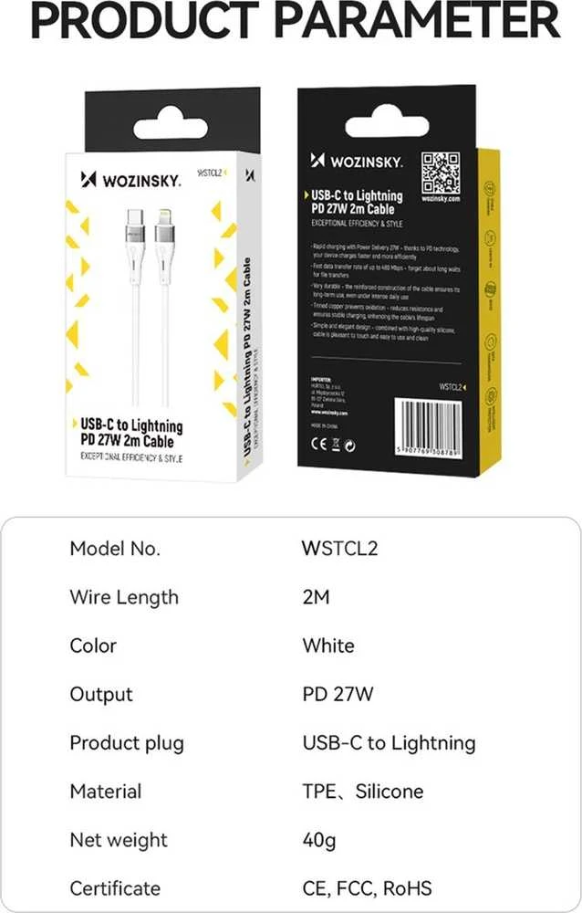 Wozinsky WSTCL1 Lightning / USB-C PD 27W kabelis 1 m – baltos spalvos