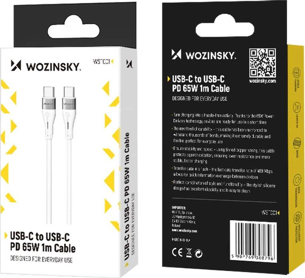 Wozinsky WSTCC1 USB-C / USB-C PD 65W kabelis 1 m long – baltos spalvos