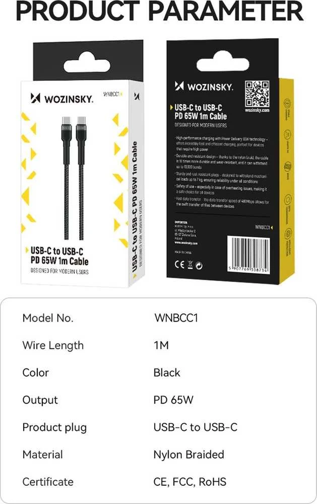 Wozinsky WNBCC1 USB-C / USB-C PD 65W kabelis 1 m – juodos spalvos