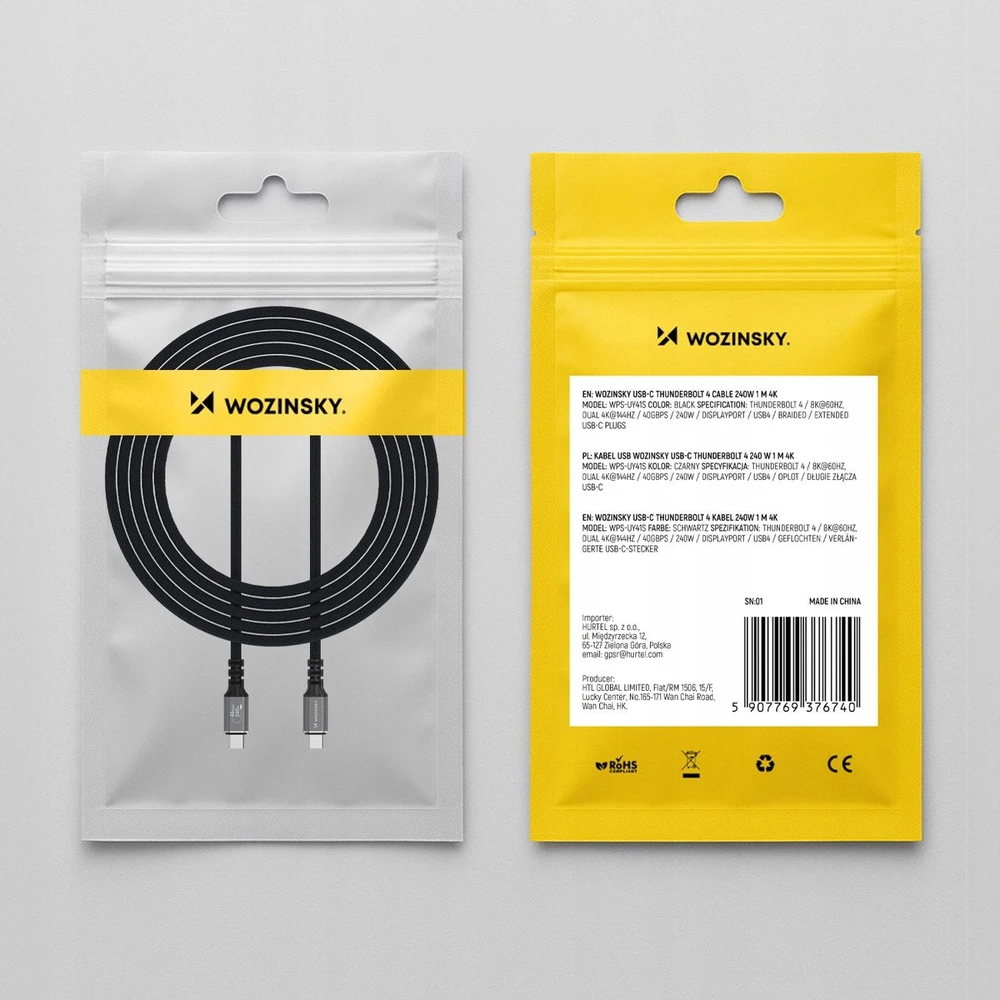 Wozinsky WPS-UY41S USB-C USB4 Cable 40Gb/s 240W 1m 4K - Juodas
