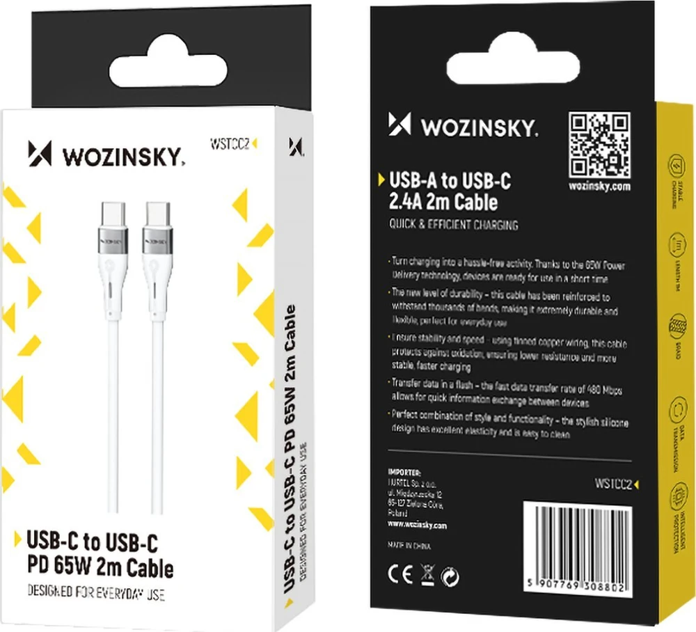 Wozinsky WSTCC2 USB-C / USB-C PD 65W kabelis 2 m – baltos spalvos