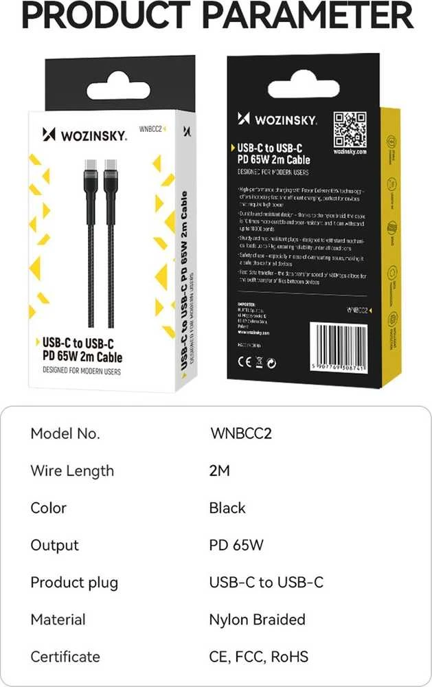 Wozinsky WNBCC2 USB-C / USB-C PD 65W kabelis 2 m – juodos spalvos