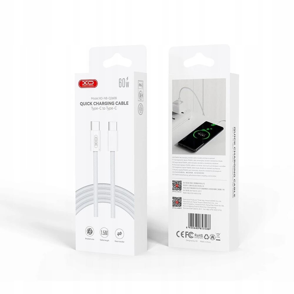 XO laidas NB-Q260B PD USB-C – USB-C 1,5m baltas 60W