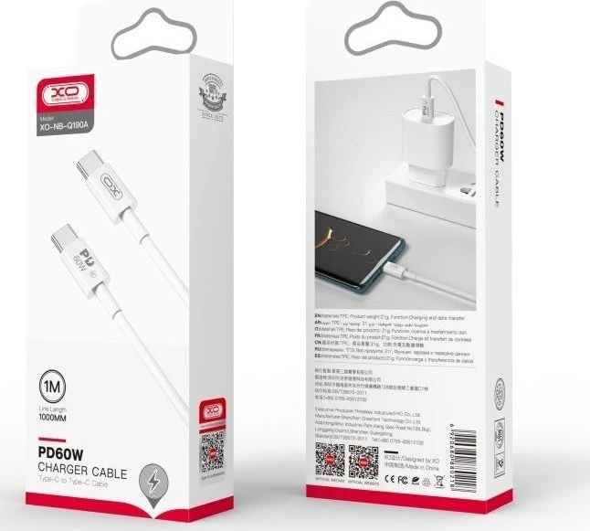XO kabelis NB-Q190A PD USB-C - USB-C 1,0m 60W baltos spalvos