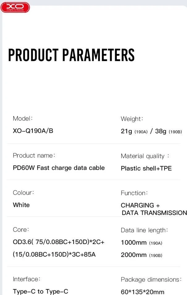 XO kabelis NB-Q190A PD USB-C - USB-C 1,0m 60W baltos spalvos