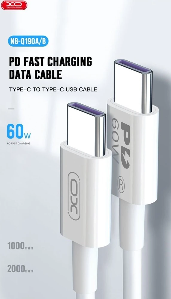 XO kabelis NB-Q190A PD USB-C - USB-C 1,0m 60W baltos spalvos
