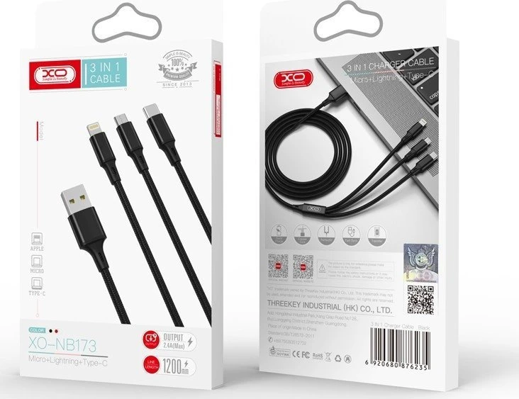 XO 3in1 kabelis USB-C / Lightning / Micro 2.4A, 1.2m (juodas)