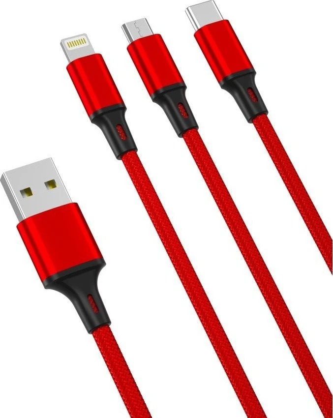 XO kabelis NB173 3in1 USB - Lightning + USB-C + microUSB 1,2 m 2,4A raudonos spalvos