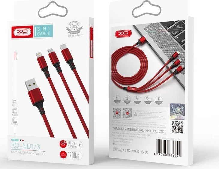 XO kabelis NB173 3in1 USB - Lightning + USB-C + microUSB 1,2 m 2,4A raudonos spalvos