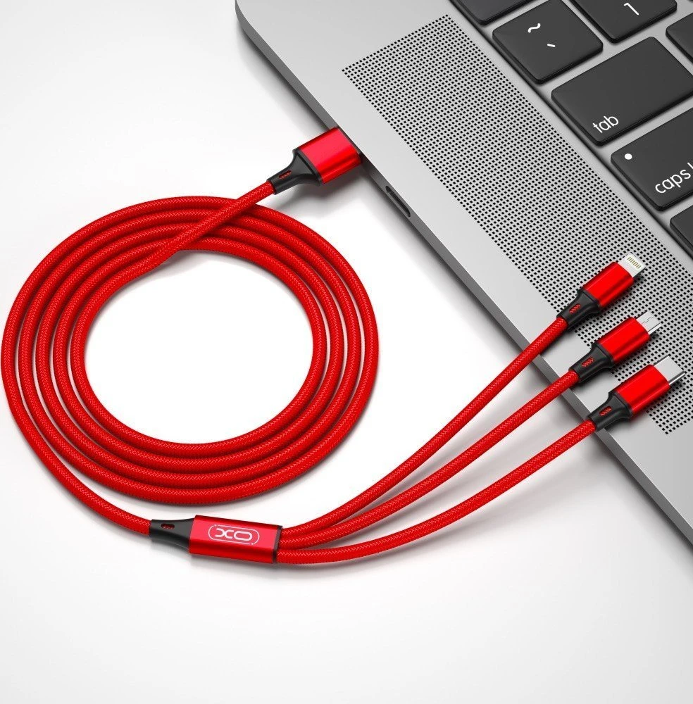 XO kabelis NB173 3in1 USB - Lightning + USB-C + microUSB 1,2 m 2,4A raudonos spalvos