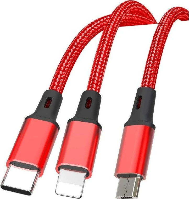 XO kabelis NB173 3in1 USB - Lightning + USB-C + microUSB 1,2 m 2,4A raudonos spalvos